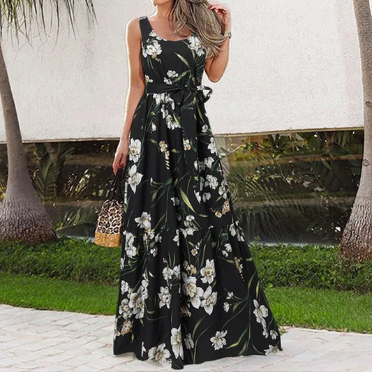Monika - Bezrękawnikowa sukienka maxi w kwiaty damska