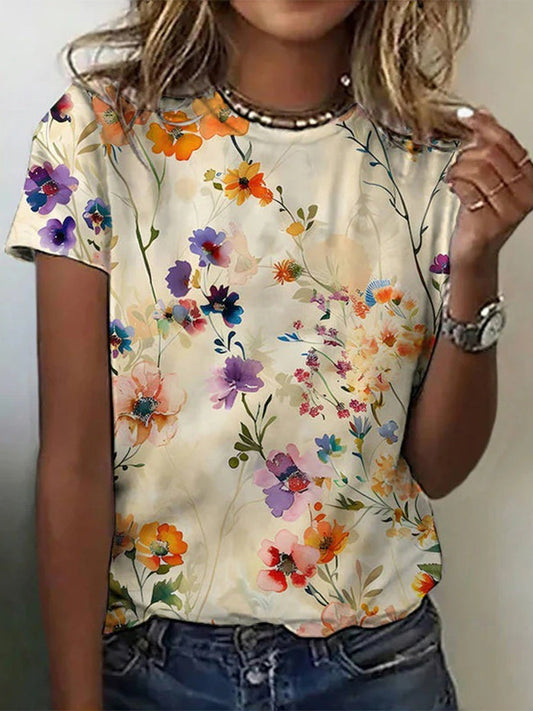 Iga | T-shirt dla kobiet jesień  przewiewne z lekkim stretch w mieszance rayon z kwiatowym nadrukiem i klasycznym krojem