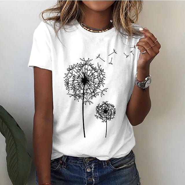 Marcelina | T-shirt dla kobiet jesień  oddychające z dłuższym krojem w bawełnianej mieszance z luźnym fasonem i nadrukiem dmuchawca