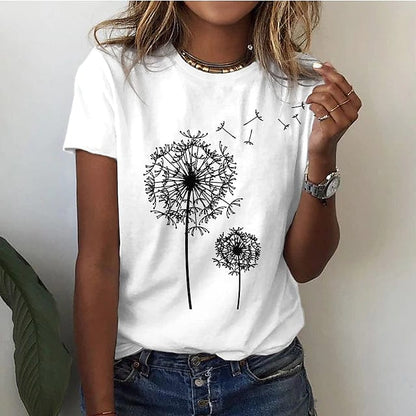 Marcelina | T-shirt dla kobiet jesień  oddychające z dłuższym krojem w bawełnianej mieszance z luźnym fasonem i nadrukiem dmuchawca