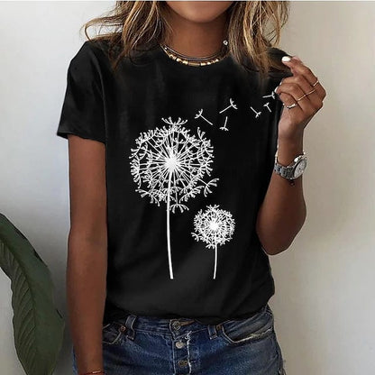 Marcelina | T-shirt dla kobiet jesień  oddychające z dłuższym krojem w bawełnianej mieszance z luźnym fasonem i nadrukiem dmuchawca
