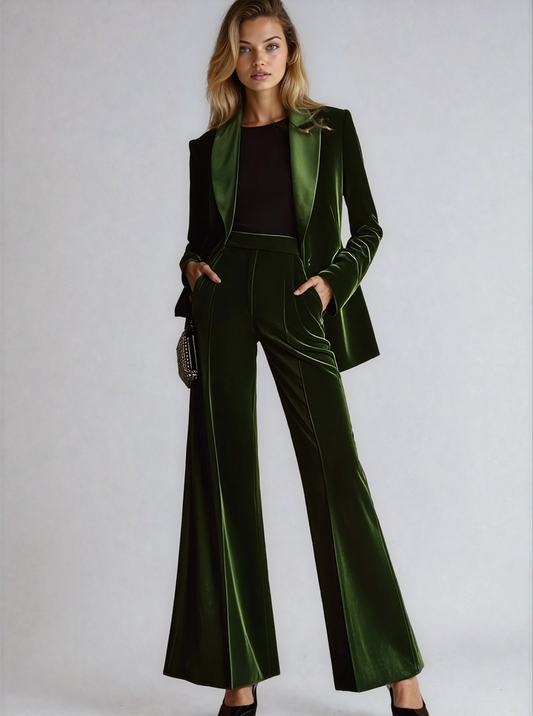 Elwira | Welurowy komplet z marynarką i szerokimi spodniami damski