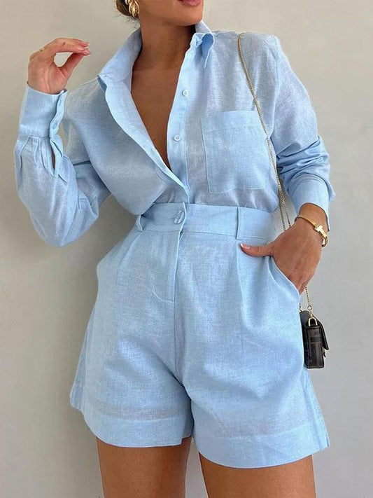 Gabriela - Komplet damski lniany - Stylowy niebieski zestaw dla eleganckiego wyglądu
